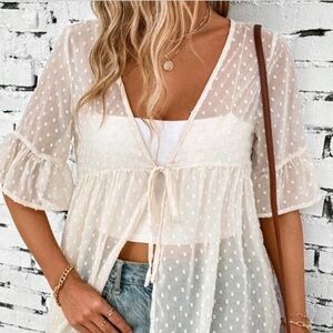 Beginning Boutique Cream Bell Sleeve Blouse with Tie Front